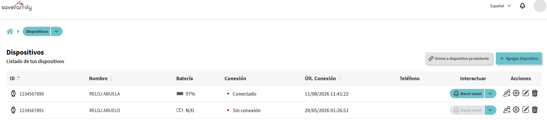 Listado de la sección Dispositivos con dos relojes de ejemplo