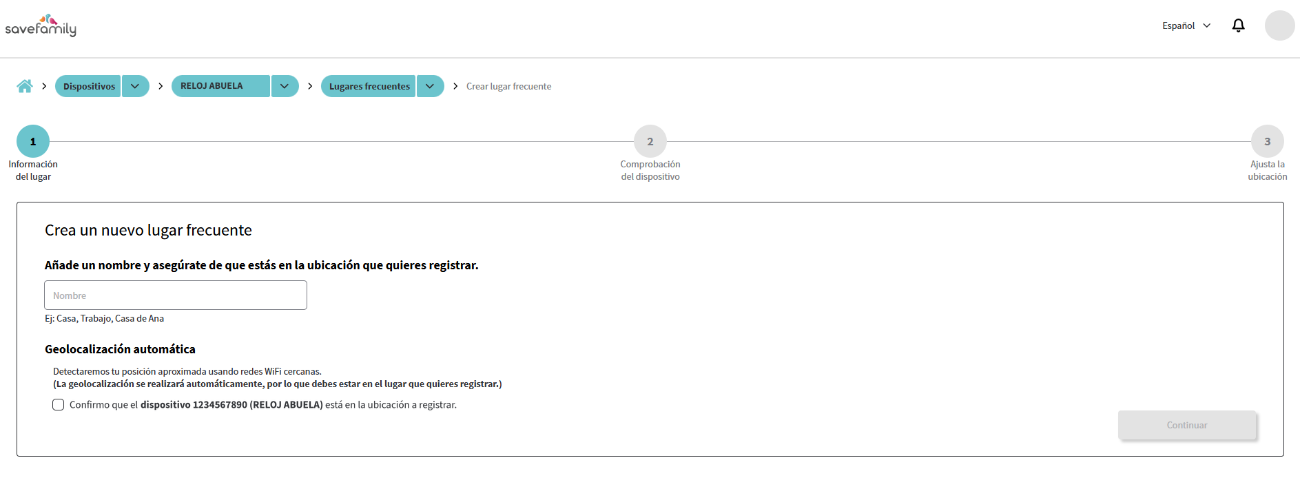 Primer paso para crear un lugar frecuente: nombre y confirmación del dispositivo