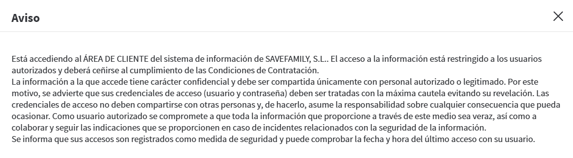 Aviso de acceso al área de cliente de SaveFamily